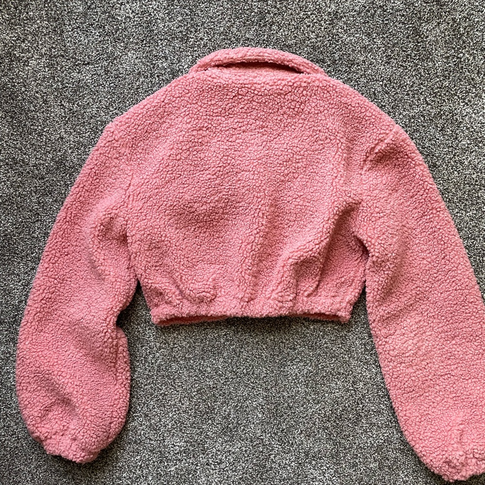 Fuzzy Fleece Jacket Cropped Button Down Lapel Sherpa Jacket Pink Blush - Picture 9 of 10